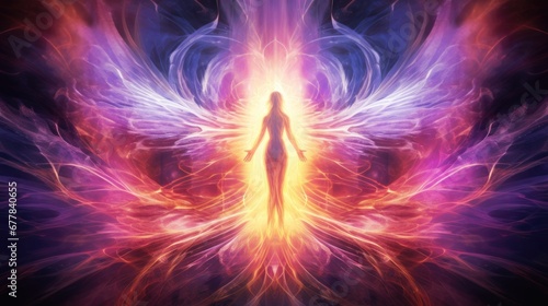 Meditation and the angelic energy, in the style of bright backgrounds, light violet and red, psychedelic figuration, zen buddhism influence, light indigo and amber, symbolic-vibrant