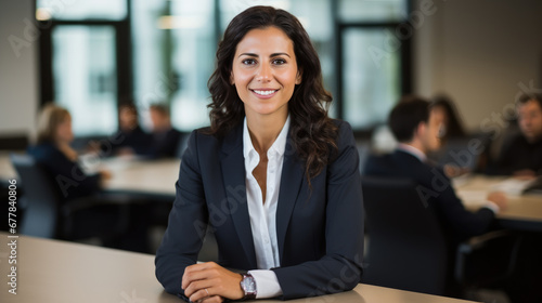 Professional woman in a business suit with crossed arms, smiling confidently in an office setting with her colleagues in the background.
