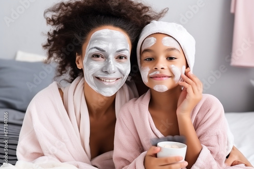 Mother and child having a pampering spa day at home, capturing relaxation and self-care, creativity with copy space