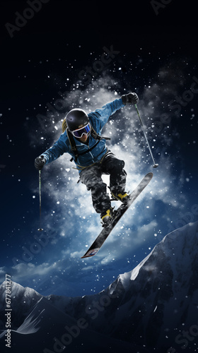 Jumping through air with deep blue sky in background. Winter sport background. Copy Space. © Uros