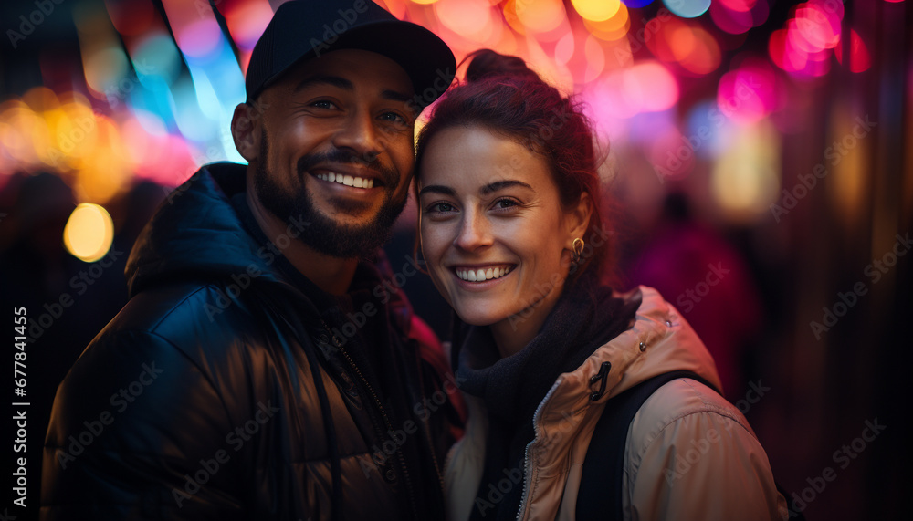 Smiling men and women, happiness in young adult night lifestyles generated by AI Smiling men and women, happiness in young adult night lifestyles generated by AI