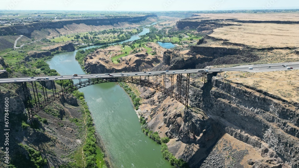 Drone shot of the Perrine bridge over the Snake river in the Pacific Northwest region, USA Drone shot of the Perrine bridge over the Snake river in the Pacific Northwest region, USA