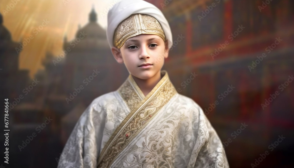 Smiling Caucasian boy in traditional costume standing outdoors with confidence generated by AI