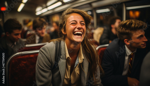 A group of young adults smiling on a crowded subway generated by AI