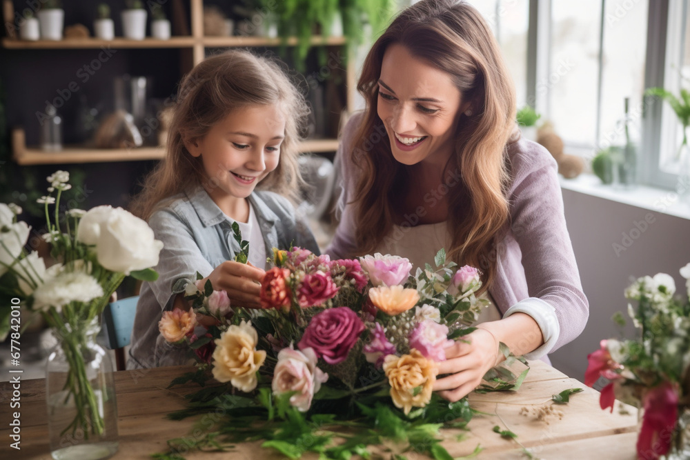Creative photo of mom and child attending a flower arranging class, showcasing the art of floral design, creativity with copy space