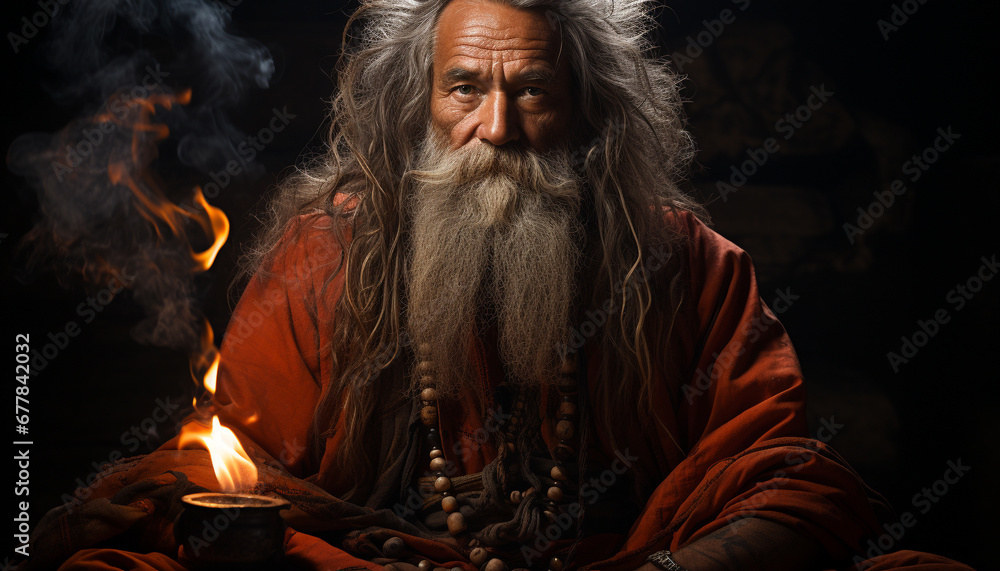 Fototapeta premium A serene sadhu meditating, holding a burning candle, praying to God generated by AI