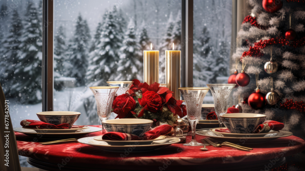 Festive Christmas dinner setting with wine glasses, candles, and elegant table decorations, framed by a softly lit Christmas tree and a snowy window backdrop.
