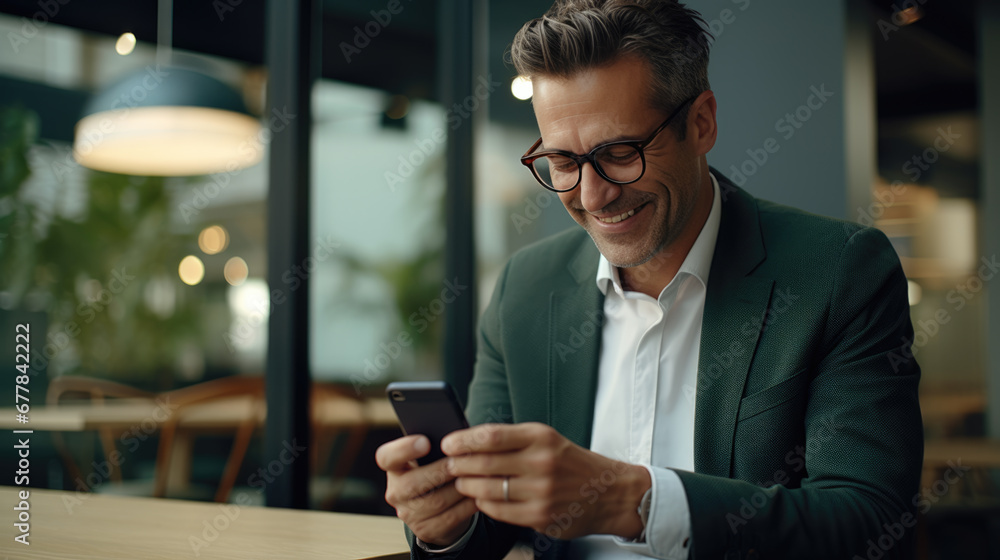 A middle-aged businessman, smiling while looking at his smartphone. A middle-aged businessman, smiling while looking at his smartphone.