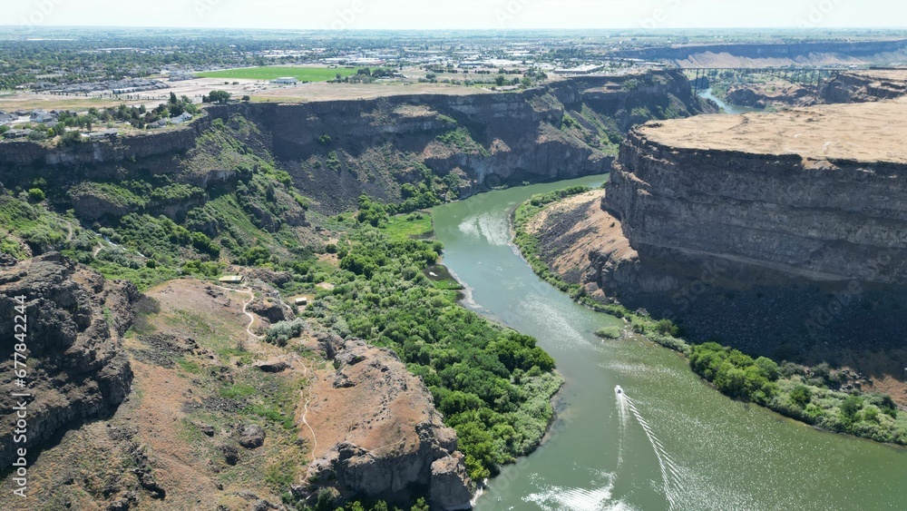 Drone shot of the Snake river in the Pacific Northwest region, USA Drone shot of the Snake river in the Pacific Northwest region, USA