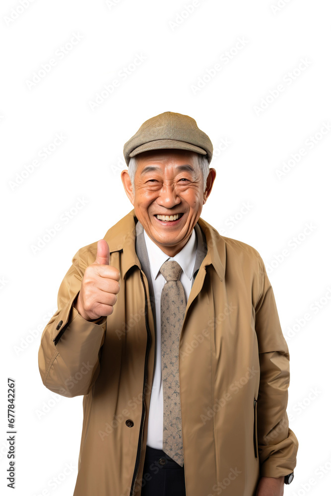 Senior asian man with thumbs up, isolated on white or transparent background. AI Generated. Senior asian man with thumbs up, isolated on white or transparent background. AI Generated.