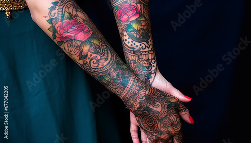 Creative elegance one woman henna tattoo stands out on black generated by AI © Jeronimo Ramos