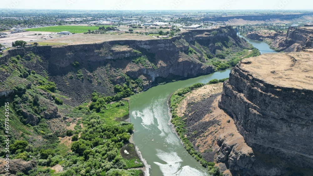 Drone shot of the Snake river in the Pacific Northwest region, USA Drone shot of the Snake river in the Pacific Northwest region, USA