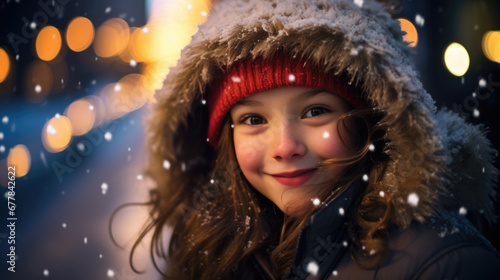 A joyful child is dressed in winter clothes, smiling broadly and looking upwards, surrounded by a festive atmosphere with bokeh lights and falling snow.