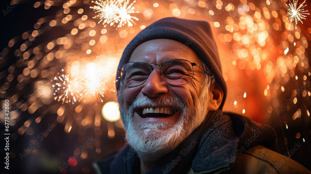 Elderly man wearing glasses is looking up and laughing with joy at a display of fireworks in the night sky, surrounded by a backdrop of glowing bokeh lights.