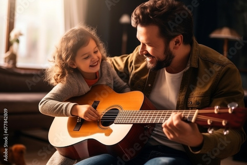 Cute little girl and her handsome father are playing guitar and smiling while sitting on couch at home.