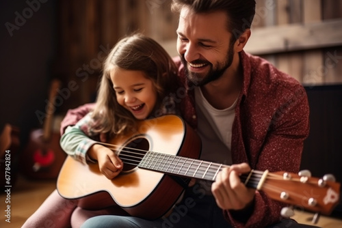 Happy dad teaches his cute daughter to play the guitar while sitting on the sofa in the living room at home. Happy Father's Day.