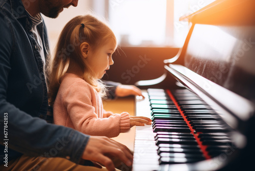 Happy dad teaches his cute daughter to play the piano. Happy Father's Day. Happy Family Moments.