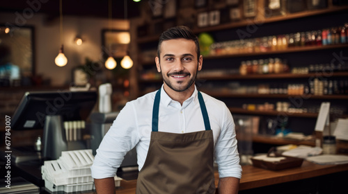 Smiling man business owner in apron standing confidently in front of a cafe, with warm lighting and blurred interior details in the background.