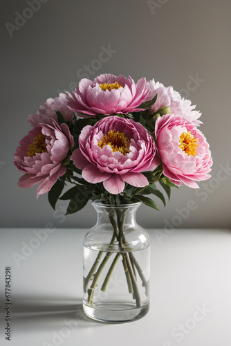 Beautiful bunch of fresh Coral Charm peonies in full bloom in vase against cinematic blurry background. Minimalist floral still life with blooming flowers.