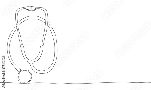 Stethoscope one line continuous. Minimal medicine banner with equipment. Hand drawn vector illustraiton.