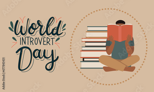 World introvert day banner with lettering. Introvert man reads book. Hand drawn vector illustration.