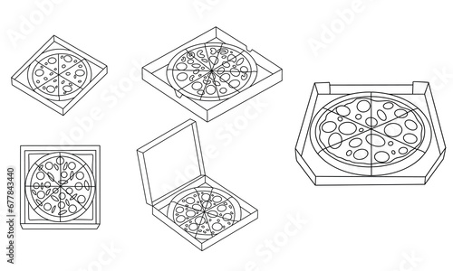 Collection of pizza in box in doodle style. Outline pizza in boxes set icons. Hand drawn vector art.