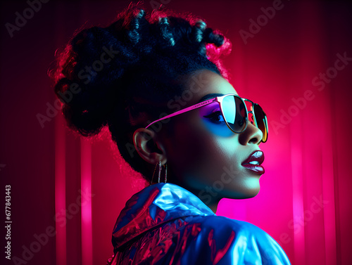Portrait of cool and modern black woman with sunglasses on bright neon background