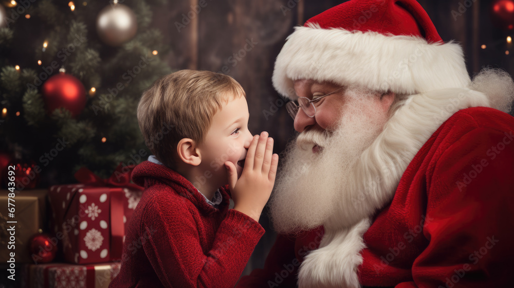 A young child is sharing a secret with a cheerful Santa Claus against a backdrop of a decorated Christmas tree and presents, encapsulating a magical holiday moment. A young child is sharing a secret with a cheerful Santa Claus against a backdrop of a decorated Christmas tree and presents, encapsulating a magical holiday moment.