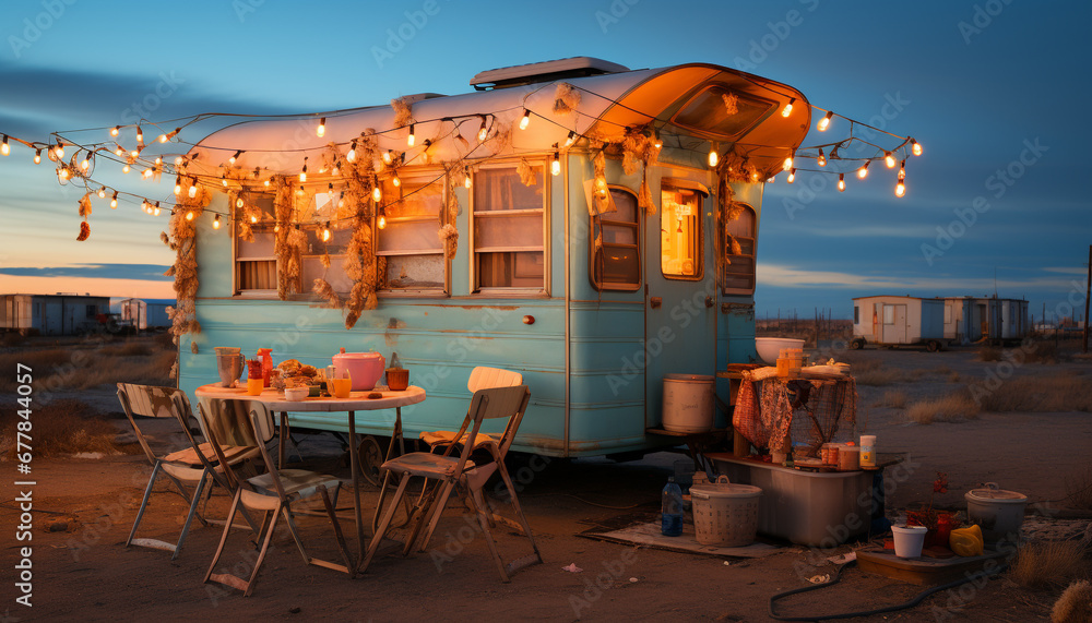 Fototapeta premium Nighttime celebration illuminated table, food, and drink generated by AI