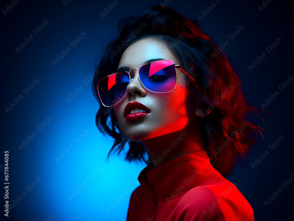 Portrait of modern young woman with sunglasses on bright neon background