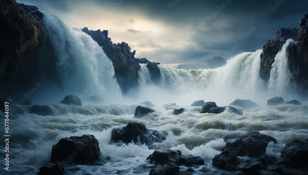 Obraz premium Nature beauty water waves flow, rocks stand, mountains touch the sky generated by AI