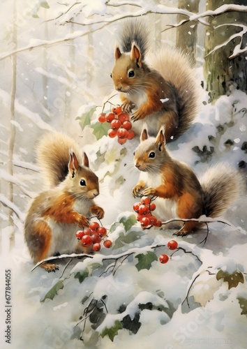 Red squirrel in the winter forest. Suitable for christmas winter greeting cards, festive decorations, and children's book illustrations