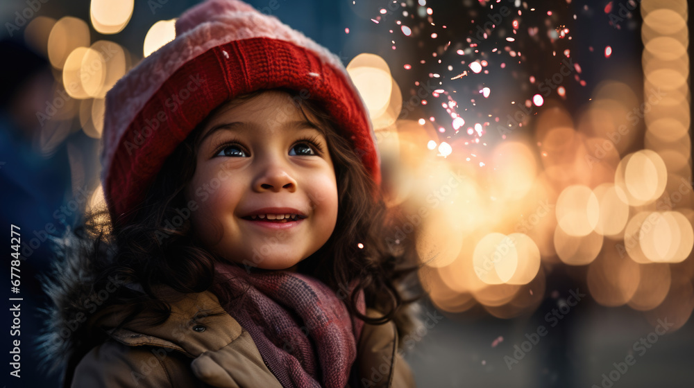A young girl with sparkling blue eyes and a warm smile wears a winter hat with twinkling lights, surrounded by a magical atmosphere of golden bokeh lights. A young girl with sparkling blue eyes and a warm smile wears a winter hat with twinkling lights, surrounded by a magical atmosphere of golden bokeh lights.