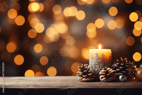 Christmas - Banner Of 1 candle and xmas ornament  Pine-cones And green Spruce Branches minimal orange background and lights in the back  with empty copy space