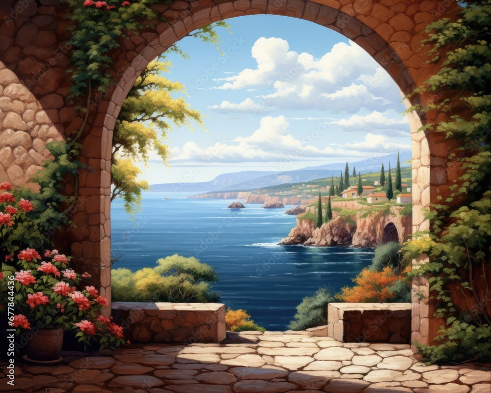 Arched Window with Beautiful Vineyard View - A Stunning Image of Architecture Blending with Nature