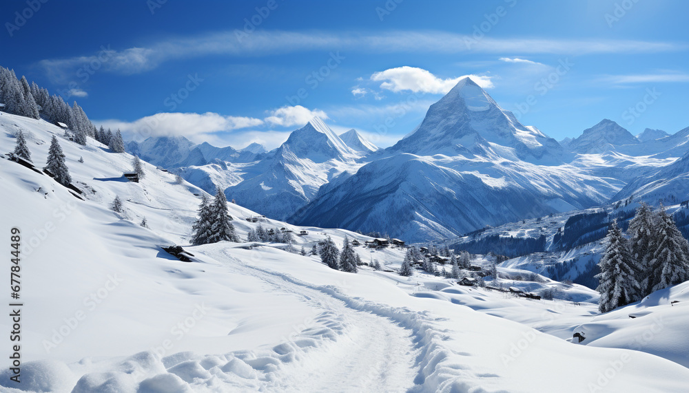 Snow capped mountains create a tranquil winter landscape generated by AI