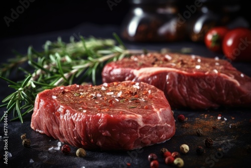 Delicious Fillet Dinner - Raw Beef Fillet Steaks with Spices for Cooking and Grill on Barbecue with Closeup Meat on Wooden Background