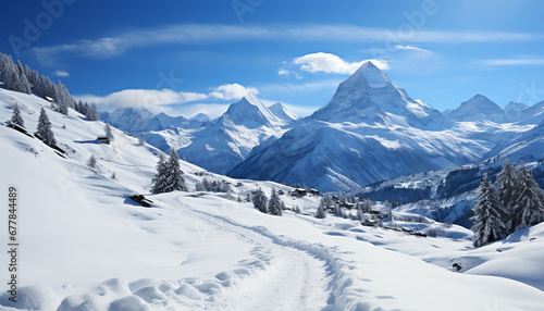 Snow capped mountains create a tranquil winter landscape generated by AI