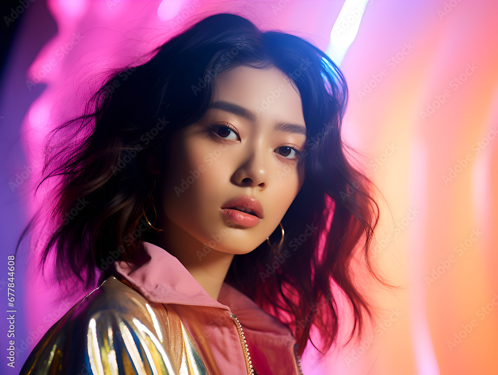 Young modern woman with trendy and colorful cloth, bright neon background Young modern woman with trendy and colorful cloth, bright neon background