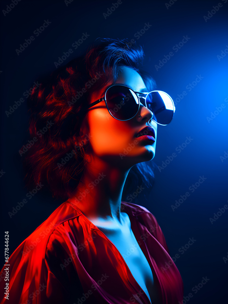Portrait of modern young woman with sunglasses on bright neon background Portrait of modern young woman with sunglasses on bright neon background