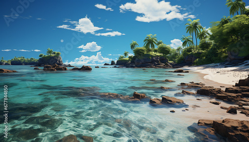 Idyllic tropical coastline, blue water, palm tree generated by AI