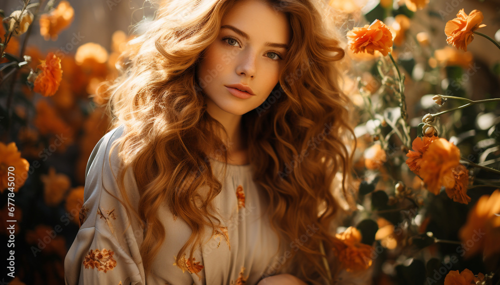 Smiling young woman in autumn, beauty in nature, looking cheerful generated by AI