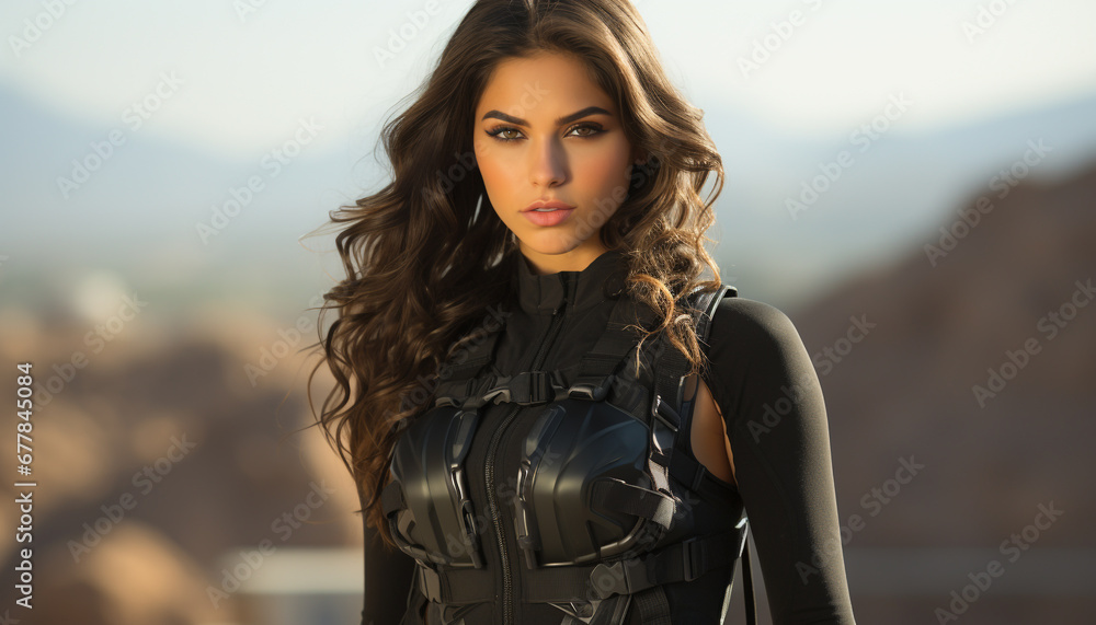 Young woman standing outdoors, looking at camera confidently generated by AI Young woman standing outdoors, looking at camera confidently generated by AI