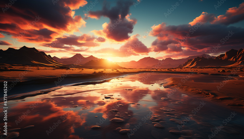 Tranquil sunset over majestic mountains, reflecting in calm blue water generated by AI
