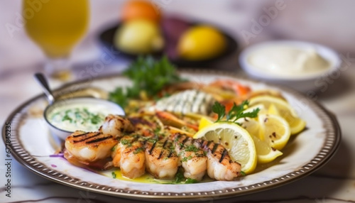 Grilled seafood plate with healthy salad and lemon parsley sauce generated by AI