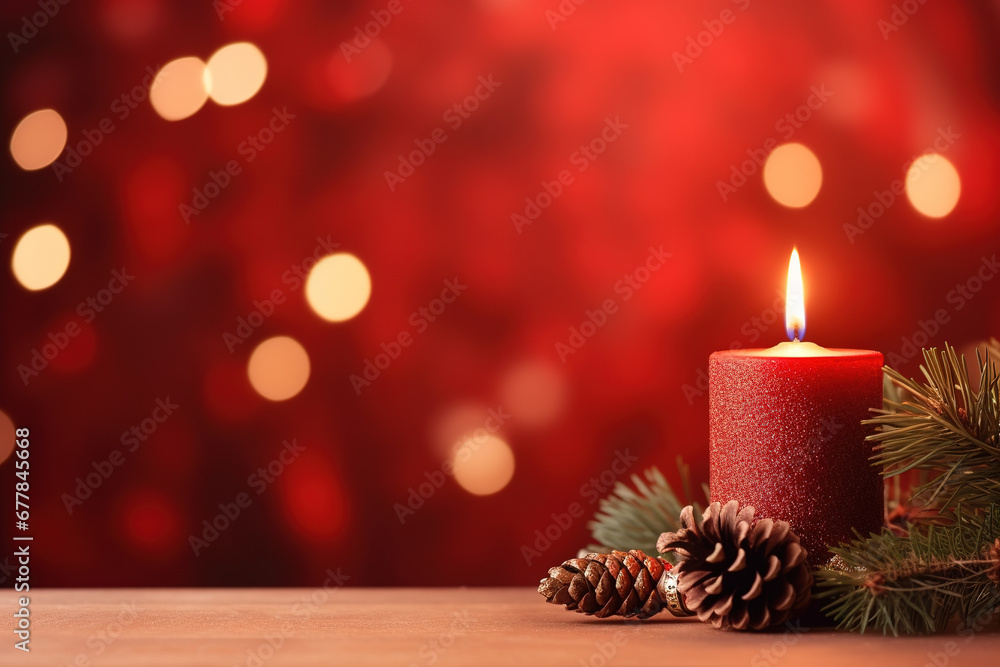 Christmas - Banner Of 1 candle and xmas ornament, Pine-cones And green Spruce Branches minimal red background and lights in the back, with empty copy space