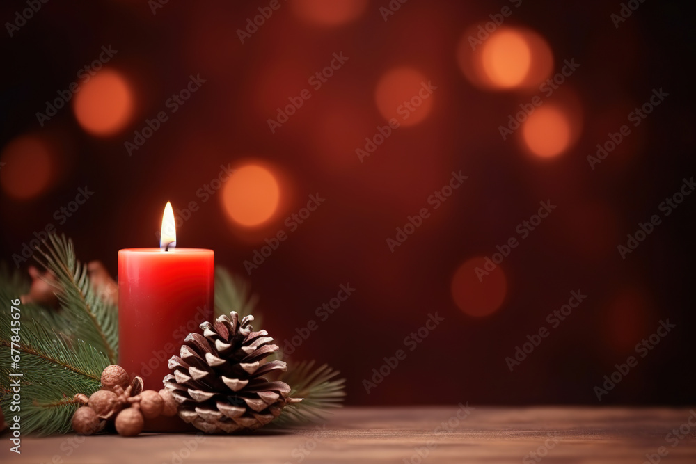 Christmas - Banner Of 1 candle and xmas ornament, Pine-cones And green Spruce Branches minimal red background and lights in the back, with empty copy space Christmas - Banner Of 1 candle and xmas ornament, Pine-cones And green Spruce Branches minimal red background and lights in the back, with empty copy space