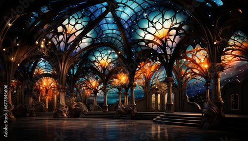 Gothic architecture illuminates majestic cathedral, showcasing spirituality and French culture generated by AI