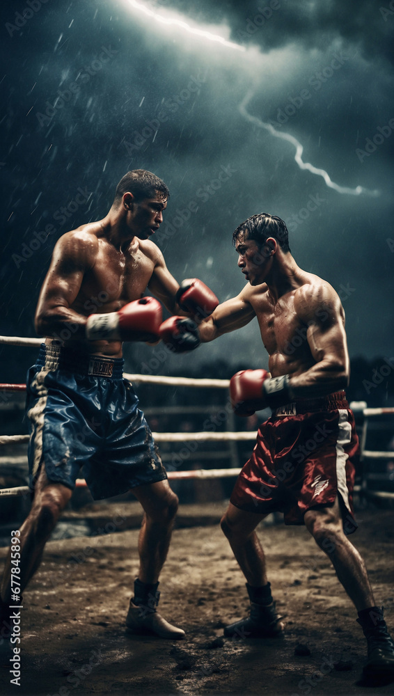 Due pugili combattono in un ring all'aperto durante una tempesta con pioggia a lampi - obrazy, fototapety, plakaty 