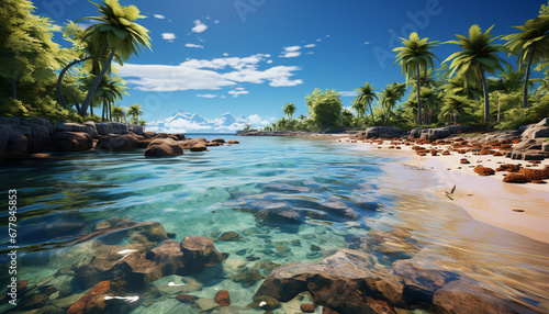 Tropical palm trees sway, waves crash on coastline generated by AI